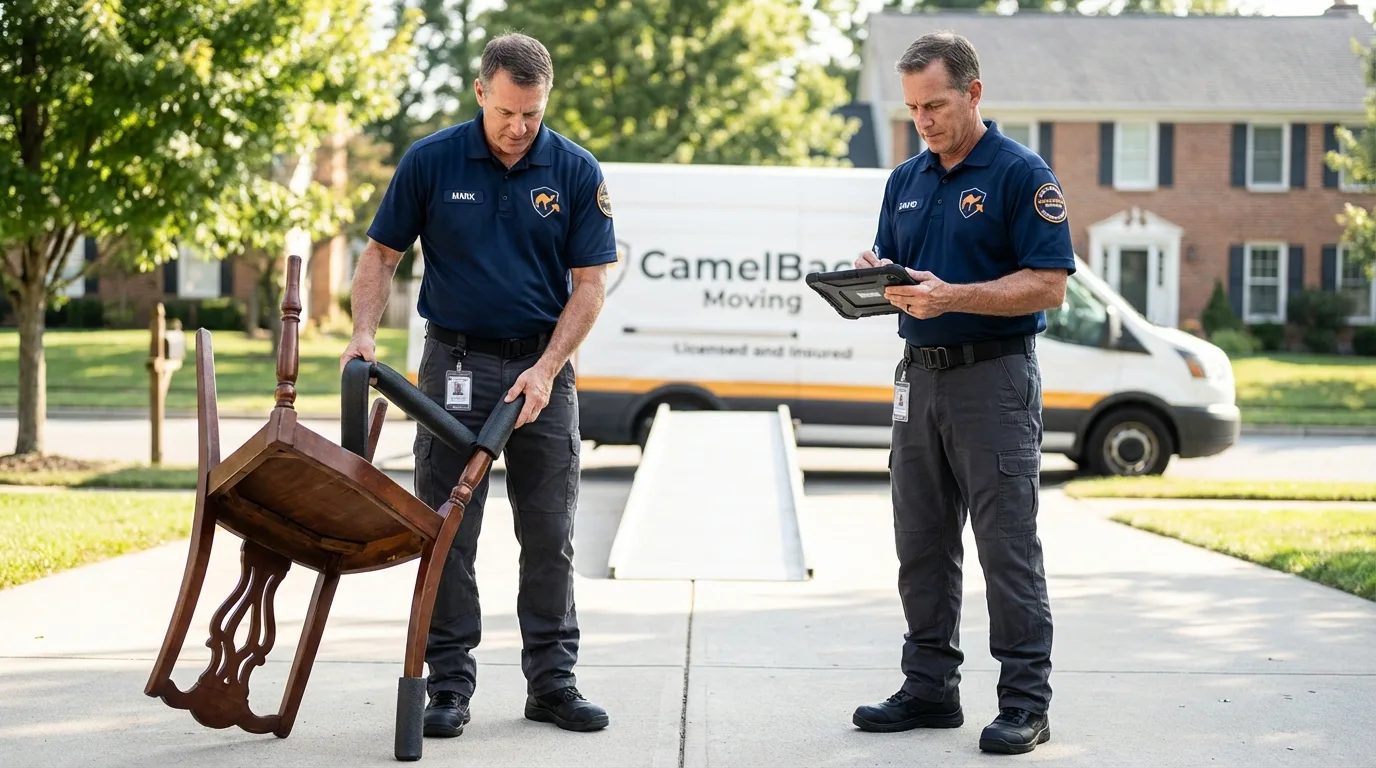 Movers inspecting furniture for damage prevention before loading in Chicopee, MA