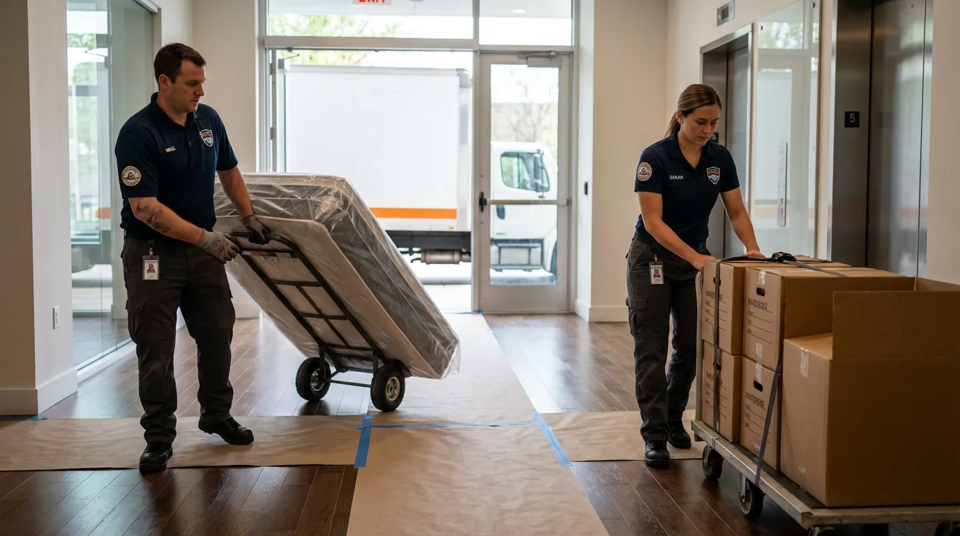 Professional apartment movers loading elevator in Chicopee, MA
